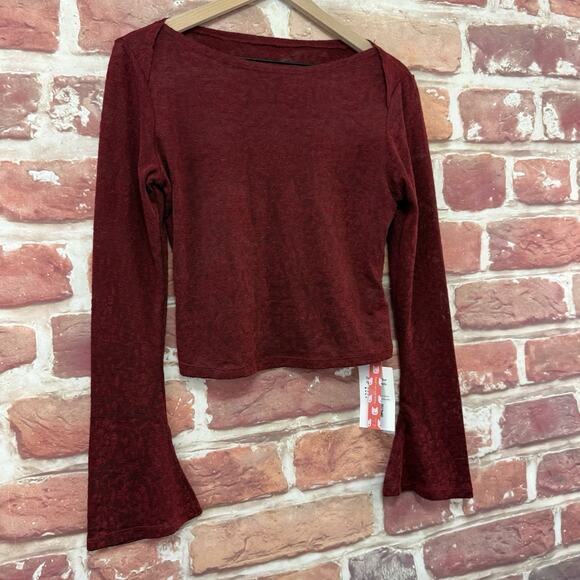 Cider Top Womens Large Burgundy Floral Abstract Burnout Sheer Stretchy Shirt - Picture 2 of 9